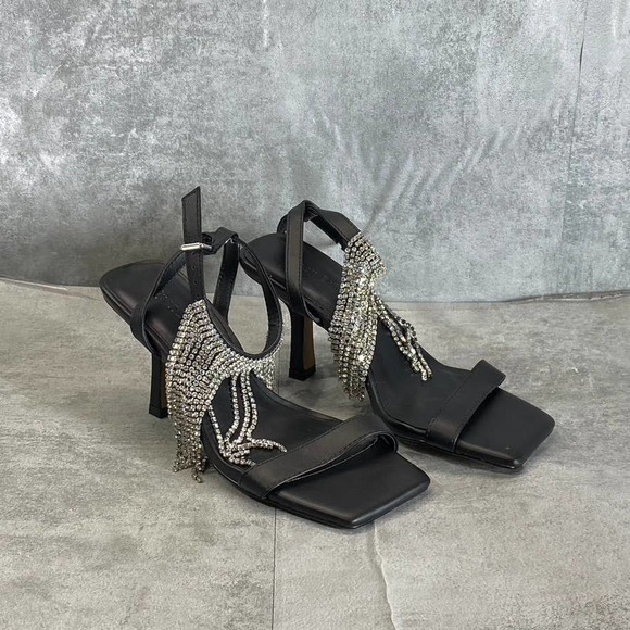 Open Edit Women's Black Annalise Fringe Rhinestone Faux-Leather Sandals SZ 5.5 - Picture 2 of 11